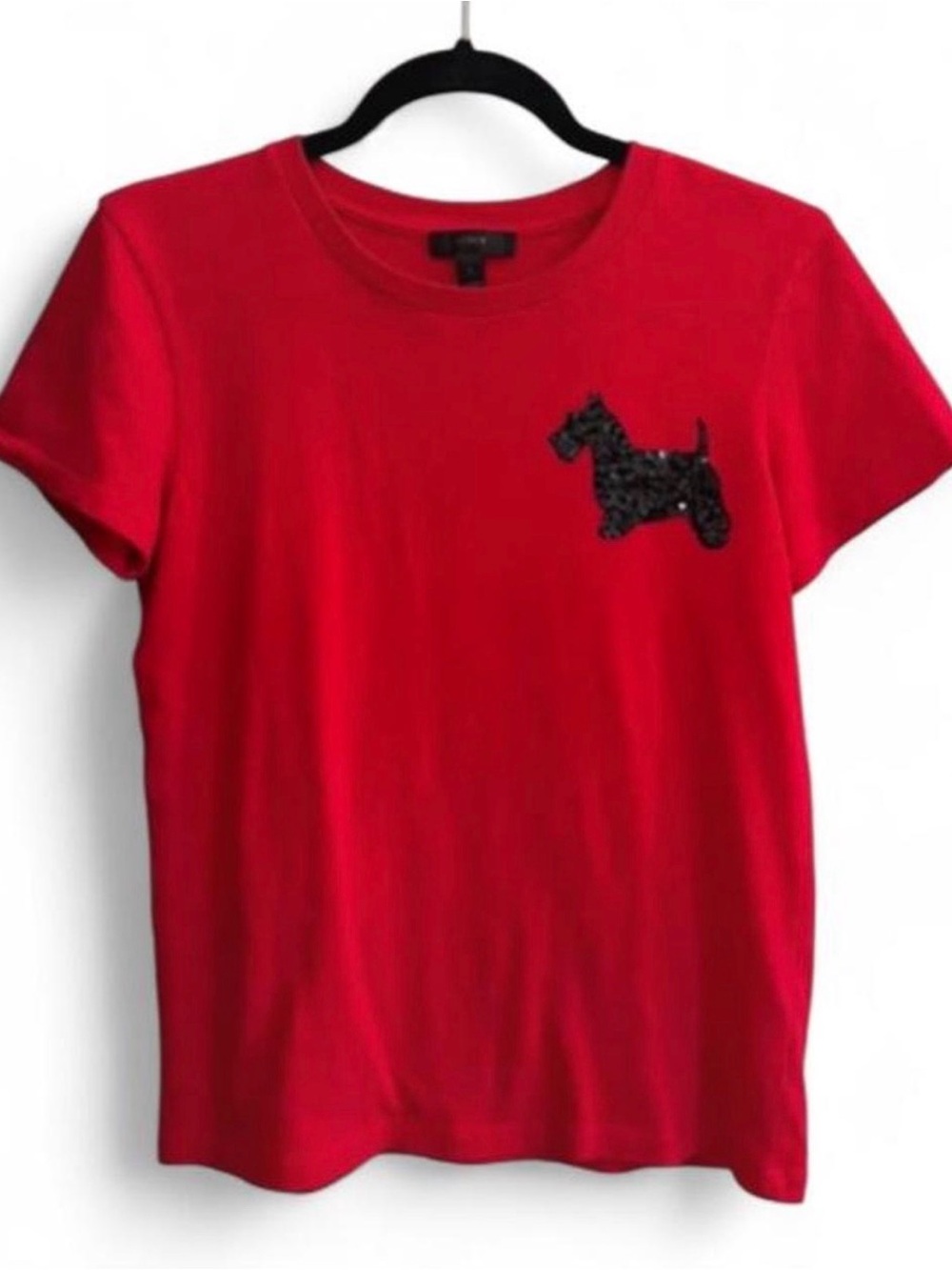 J. Crew Red Short-Sleeve Tee with Black Sequin Scottie Patch